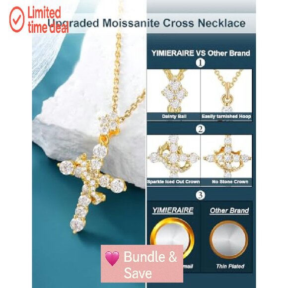 Moissanite Cross Pendant Necklace 14K Gold Vermeil 1.1 Carats Sterling Silver - Picture 4 of 8